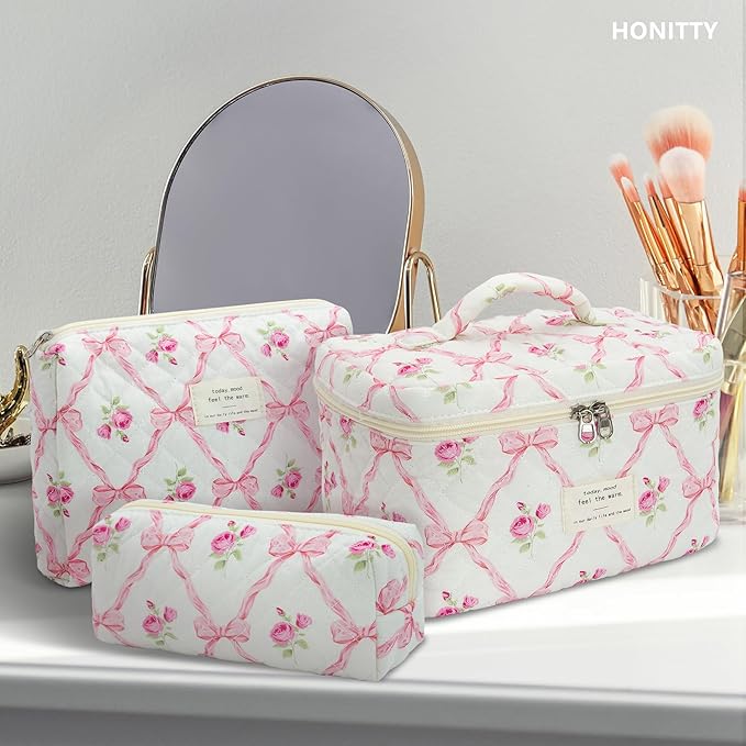 honitty Makeup Bag,Quilted Cosmetic Bag,Large Floral Make Up Bag for Women,Cotton Makeup Bag Set,Flower Travel Toiletry Bag