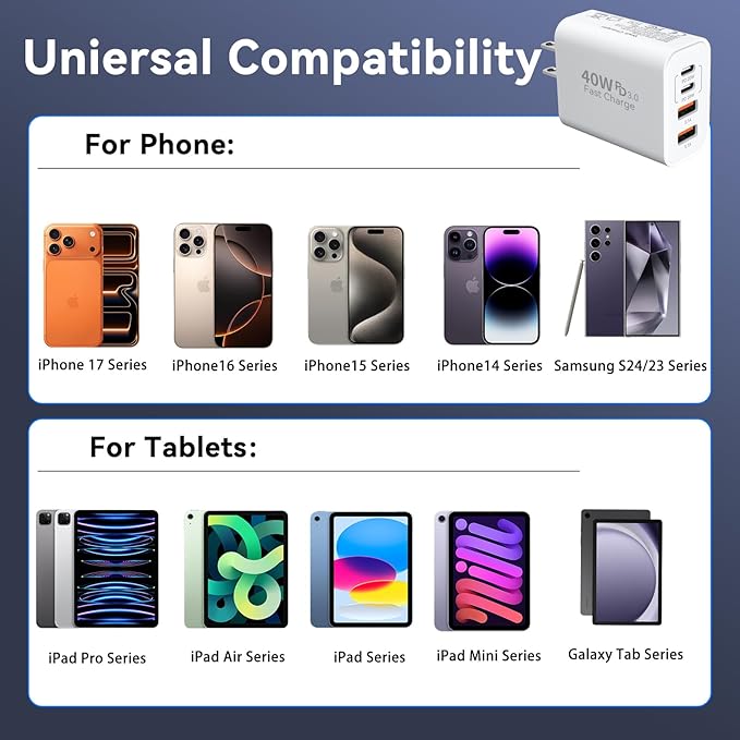 USB C Wall Fast Charger Block, 40W 4-Port Type C Chargers Fast Charging Blocks PD Power Charger Adapter+QC 3.0 USB Multiport Charger Brick for Phone 17/16/15/14/13/12 Pro Max, i-Pad, Galaxy S25-2Pack