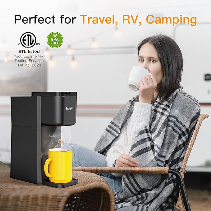 Tastyle Mini Hot and Iced Coffee Maker Single Serve, for K Cup and Ground, 6 to 14 Oz Brew Sizes, with Recipe Book, for Home, Travel, RV, Office and Dorm,Classic Black (2.0 Version)