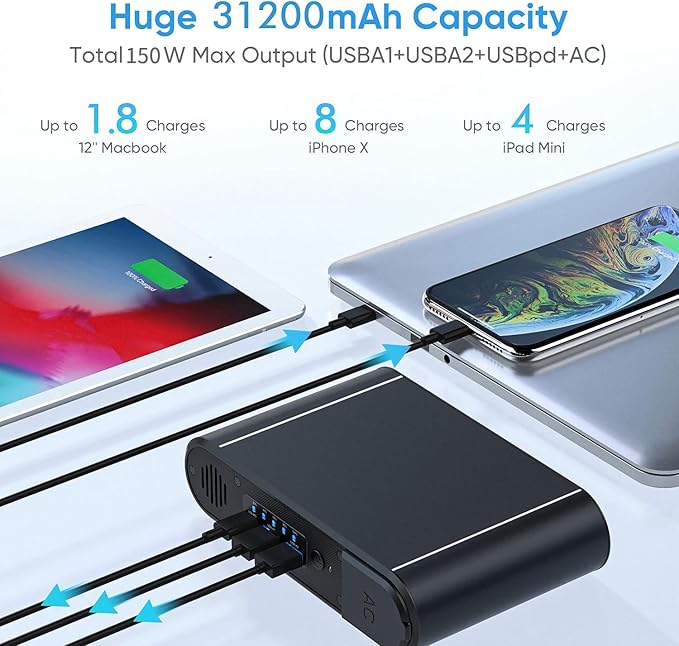 Power Bank with AC 150W,Portable Laptop Charger,31200mAh External Battery for Laptop,PD 65W Type-C,Compatible for Outdoor RV Camping Travel Emergency Backup Home