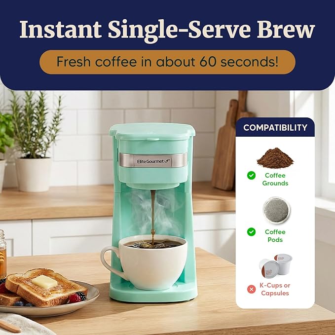 Elite Gourmet EHC113M Personal Single-Serve Compact Coffee Maker Brewer Includes 14Oz. Stainless Steel Interior Thermal Travel Mug, Compatible with Coffee Grounds, Reusable Filter, Mint
