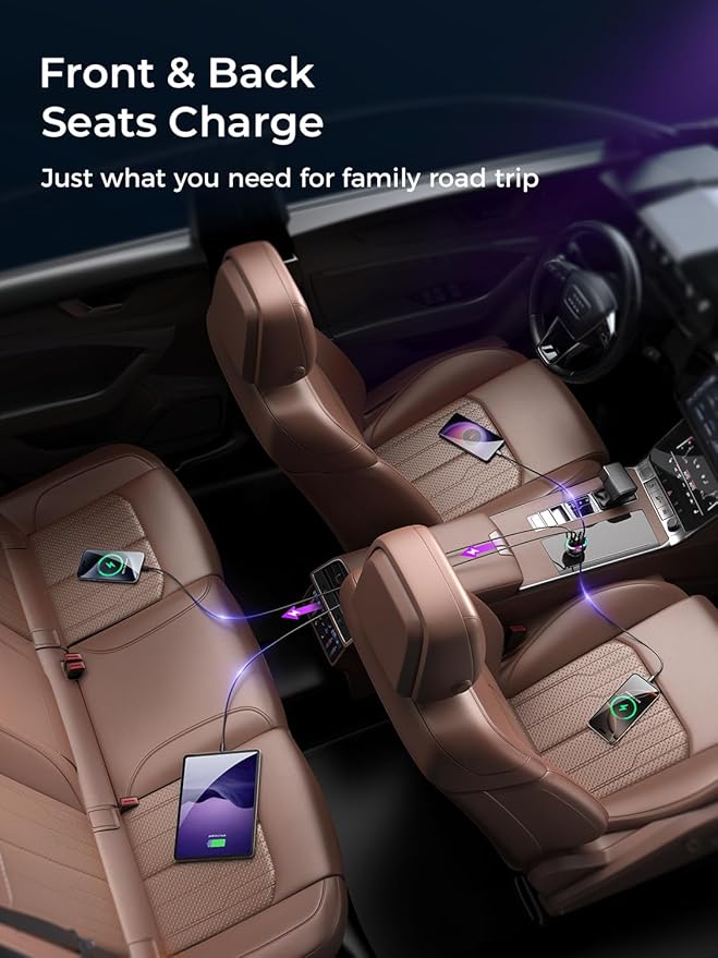 Fast Car Charger FLYLEAD 90W 4 Ports Car Charger [A Must for Family Travel] Super Fast USB C Charge Adapter for iPhone 17/16/15 Pro Max Plus