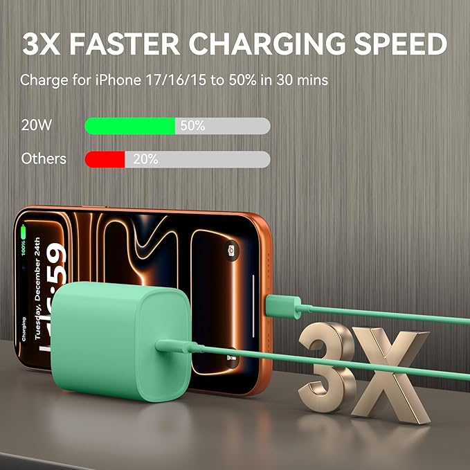 Phone 17 16 15 Charger Fast Charging, 10 FT Long USB C Charger Cord with 20W Type C Fast Phone Charging Block forPhone 17/17 Pro/17 Pro max/Air/Phone 16 15 Pro Max Plus, iPad, Android,Green