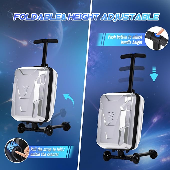 smilesun Scooter Suitcase for Kids & Adults, Foldable Carry On Travel Luggage, Hardside Ride on Scooter Suitcase with Spinner Wheels，Silver