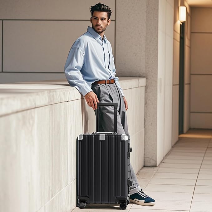 Krute Zipperless Luggage Set 2 Pieces Aluminum Frame Suitcase Sets Polycarbonate Hard Shell Luggage TSA Lock Checked Suitcase with Spinner Wheels Black