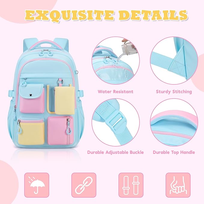Kids Backpack, Backpack for Girls for Elementary School Multiple Pockets Ages 6-10(Blue)