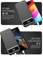 Portable Charger, 20000mAh 22.5W Fast Charging Power Bank with Built-in Cables & Wall Plug, Travel Essential External Battery Pack with LED Display, USB C Battery Phone Charger for iPhone iPad Black