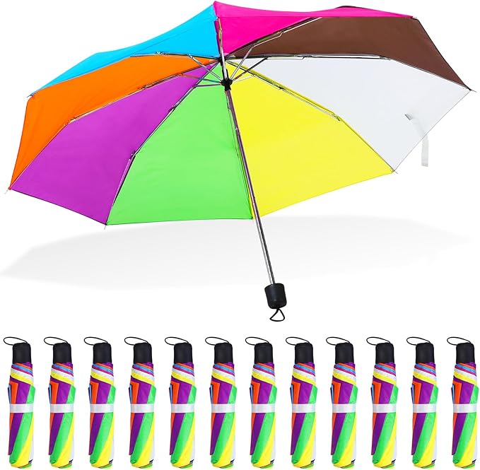 12 Pc Rainbow Umbrella Portable Tri Folded Pride Umbrella Windproof Compact Rain Parasol for Travel Beach Wedding Party