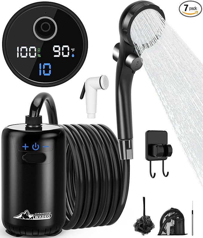 2026 Upgraded Portable Shower for Camping, 8000mAh Rechargeable Camping Shower with Fahrenheit Display, 10 Gear Switching, IPX8 Waterproof, Ideal for Outdoor Camping, Travel, Car Washing, Pet Bathing