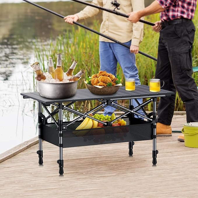 Anbte 3ft Aluminum Roll Top Camping Table, 2 Adjustable Height Camping Table Folding with Storage Net & Bag Lightweight Roll Up Table for Tailgate Outdoor Backyard BBQ Patio Picnic, 32.2” X 16”, Black