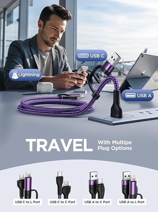 USB C to Lightning Cable, 60W 4 in 1 Fast Charging Cable Apple MFi Certified USB A to Lightning Cord Nylon 6ft USB C to USB C Charger Cord for iPhone 17 16 15 14 Pro/iPad/Samsung S25/MacBook/Switch 2