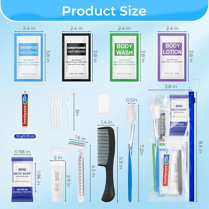 Personal Hygiene Kit Bulk Pack of 30,Individually Wrapped 13-IN-1 Blue Disposable Basic Travel Toiletry Set Homeless Care Package Supplies for Men,Women,Guests,Charity