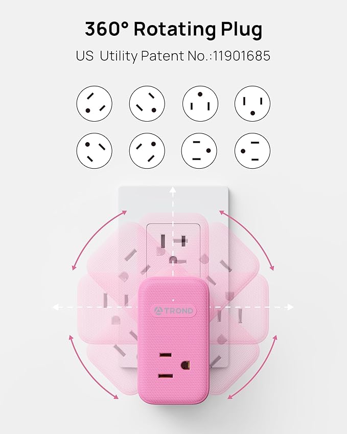 TROND Outlet Extender with USB C, 3 AC Outlet Splitter with 360 Rotation, Multiple Wall Plug with PD 20W Port, Cute Pink Plug Extension for Home Decoration, Travel Cruise Essentials