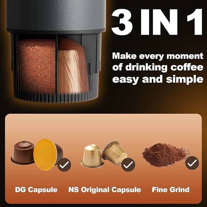 Portable Coffee Maker, 3 in 1 Electric Espresso Machine Set, Rechargeable Self-Heating Brewer with Carrying Bag and Coffee Stand for Office Camping, Hiking