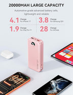Portable Charger, 20000mAh 22.5W Fast Charging Power Bank with Built-in Cables & Wall Plug, USB C External Battery Pack with LED Display, Travel Essentials Phone Charger for iPhone iPad Samsung Pink