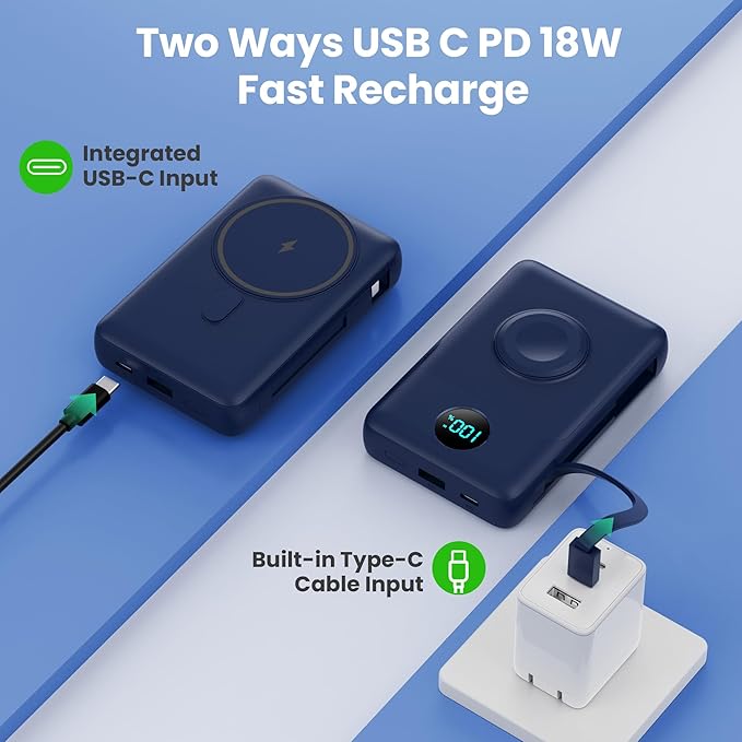 6 in 1 Magnetic Portable Charger for iPhone with Built-in Cables, 10800mAh 25W PD Fast Charging Power Bank, 6 Outputs Travel Essential Battery Pack for iPhone 17/16/15/14/13/12,Apple Watch (Blue)