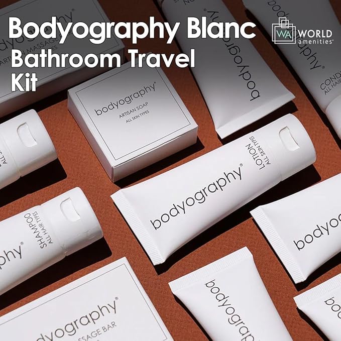 World Amenities - Bodyography Blanc Mini Travel Size Toiletries Bathroom Kit | Vanilla White Tea| Shampoo, Conditioner, Body Wash, Lotion, Artisan Soap and Massage Bar