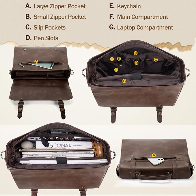 IGOLUMON Messenger Bag for Men 15.6 inch Vintage Leather Waterproof Laptop Briefcase for Men Large Computer Laptop Bag Leather Satchel Bag Retro Shoulder Bag for Office Business College, Dark Brown