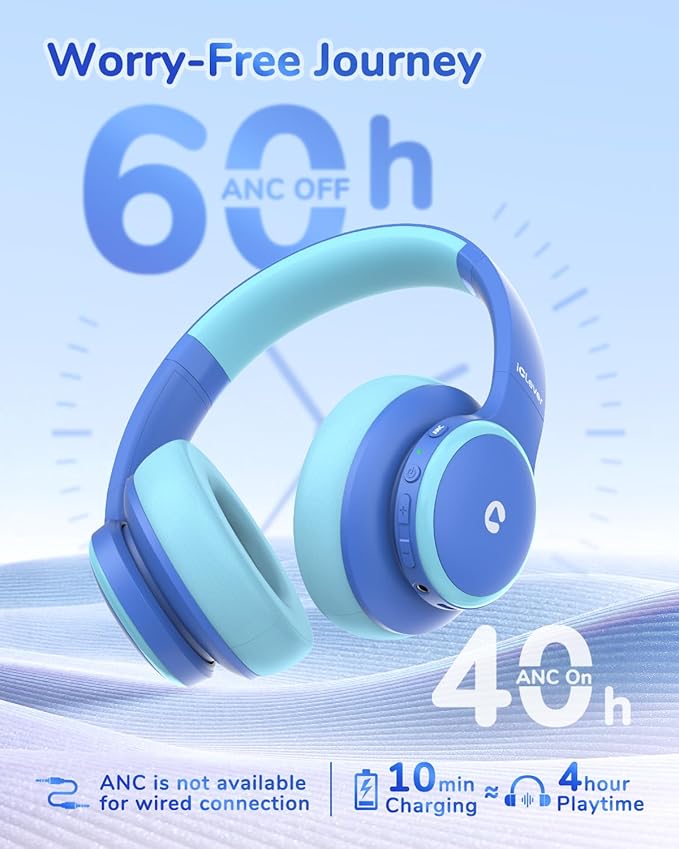 iClever BTH26 Active Noise Cancelling Headphones for Kids, 60H Play Time, Safe Volume 80dBA, Type C Fast Charging, Bluetooth5.4, Kids Bluetooth Headphones with Mic AUX Cord for iPad Airplane, Blue