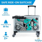 Younglingz LIL FLYER GO Version 2 Ride On Suitcase for Kids | Carry On Luggage with Toddler Seat, Foldable Handlebars, Pedals, and Removable Wheels | Holds up to 80 lbs | Green Motorcycle | Ages 2-6