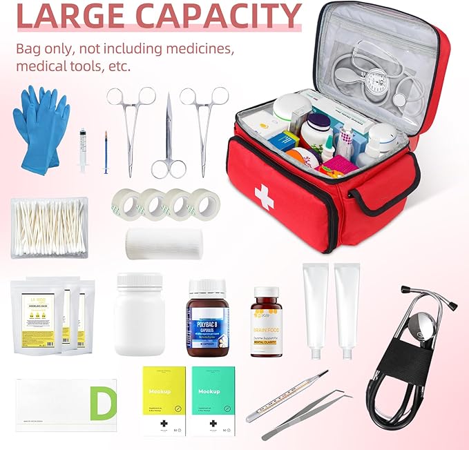 ALSLEA First Aid Bag Empty First Aid Kit Storage Box 12" x 9" x 7" Medical Bag Portable Pill Bottle Organizer Case for Car, Travel, Office, Outdoor, Camping, Hiking, School (Red)