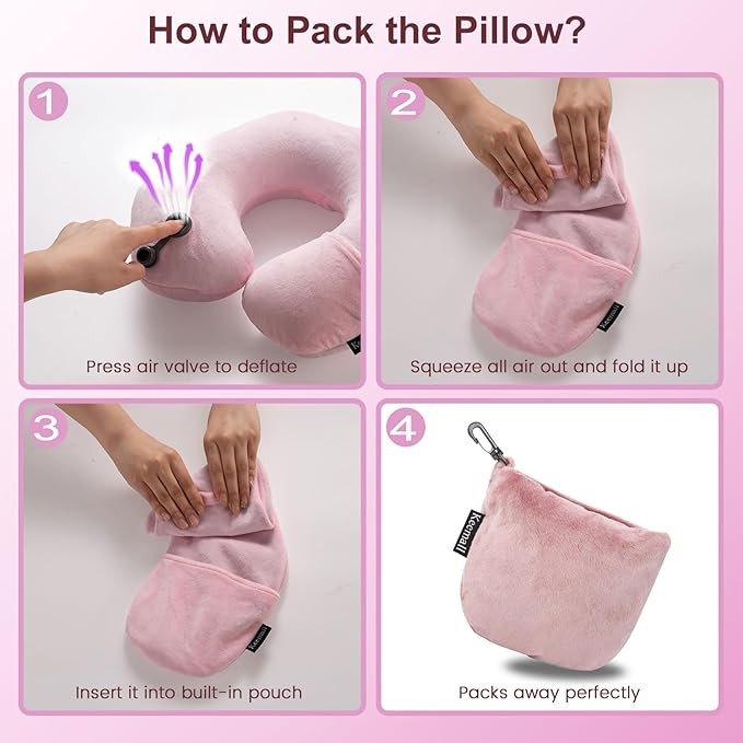Keemall Inflatable Neck Pillow, Premium Pink U-Shaped Travel Pillow with Soft Washable Cover, Compact Portable Airplane Travel Essentials for Flight, Car and Office, Ideal Travel Gift for Women