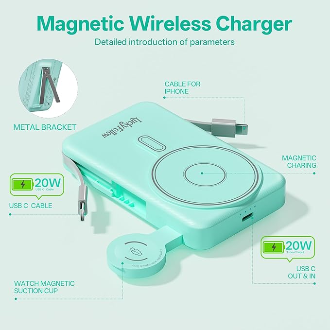 Magnetic Portable Charger Built-in Cables,10000mAh Fast Charging Wireless Charger Station External Battery Pack Slim Pocket Size Power Bank with Stand Compatible with iWatch, iPhone