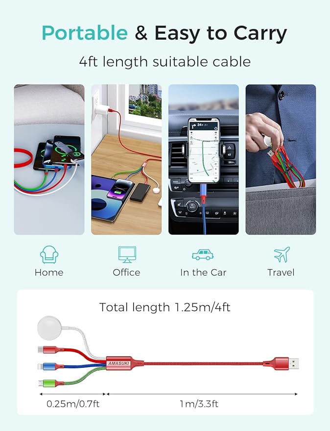 Amasuki Travel Essentials,4 in 1 for Apple Watch Charger/iPhone Charger/Multi Charging Cable,Vacation RV Camping Essentials,USB C/L/Micro Portable Charger for iWatch 11-1/iPhone 17-12,Car&Gift-Red