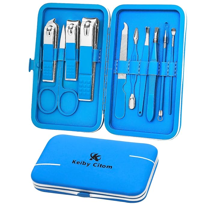 Manicure Set, Travel Mini Nail Clippers Kit Pedicure Care Tools, 10pcs Stainless Steel Grooming kit (Blue)