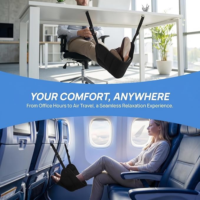 CALLARON Portable Foot Hammock Under Desk Foot Rest with Adjustable Strap and Storage Bag, Travel Footrest for Airplane Office Car Seat Leg Support Comfort Black