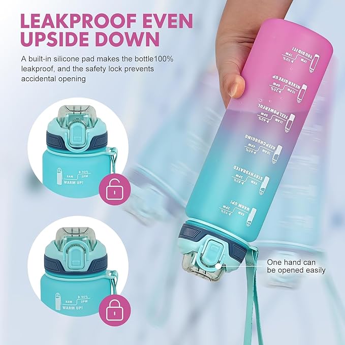 Water Bottle with Straw 1L,Boys Water Bottles with Straw 1 Litre,Waterbottle Leak-Proof Sports Water Bottle,Plastic Drinks Bottles Toxin Free，Bpa-Free (Cyan Pink)