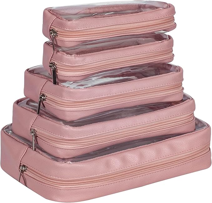 Remobia Hicol TSA Approved 5-Piece Diaper Bag Organizer Pouch Set Clear Waterproof TPU Kids Toiletry Storage Set Travel Packing Clutch Cube Bags for Baby Nursing (Light Pink Leather)