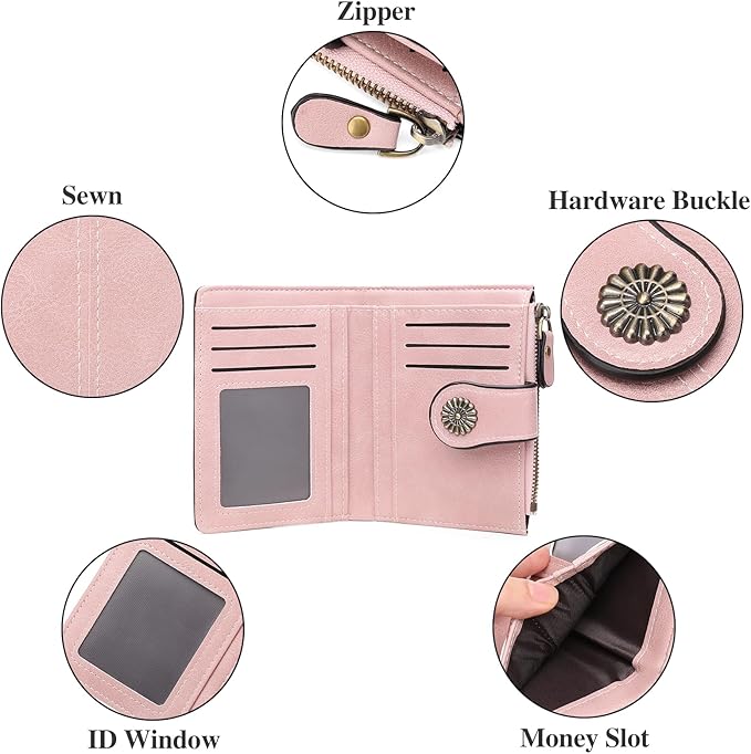 Small Wallet for Women Bifold Credit Card Holder RFID Blocking with Zipper Pocket