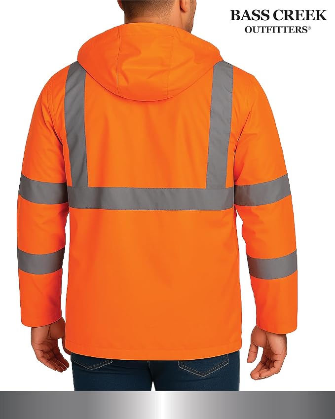 Bass Creek Outfitters Mens Rain Jacket - Waterproof Hooded High Visibility Safety Coat with Reflective Strips