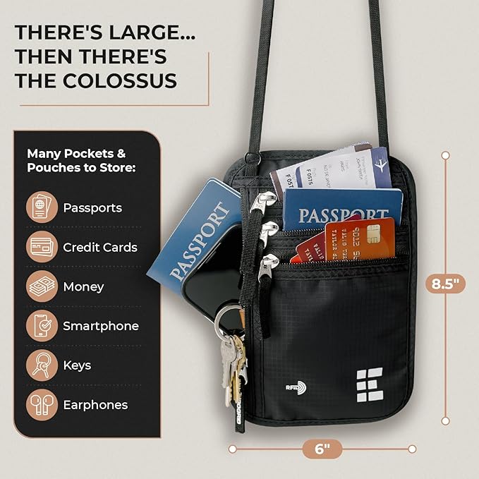 Neck Wallet for Travel & Passport Holder with RFID Blocking - Slim & Easy to Conceal Nylon Travel Pouch for men & women - Holds Phone, Cash, Cards, Keys - Sweat & Water Resistant - XLarge - Black