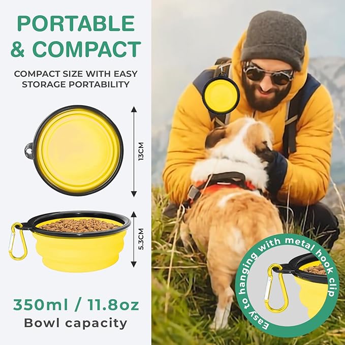 Collapsible Dog Bowls for Travel, Portable Dog Water Bowl & Food Bowl for Dogs and Cats, Foldable Pet Feeding Dish for Walking Hiking Camping with Carabiner, BPA Free, Yellow