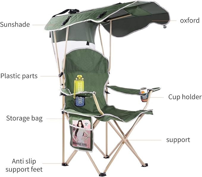 VTOY Portable Camping Chair with Canopy - Folding Chair with Canopy, Durable 600D Oxford Canopy Chair for Camping, Beach, Picnics, Fishing & Sports