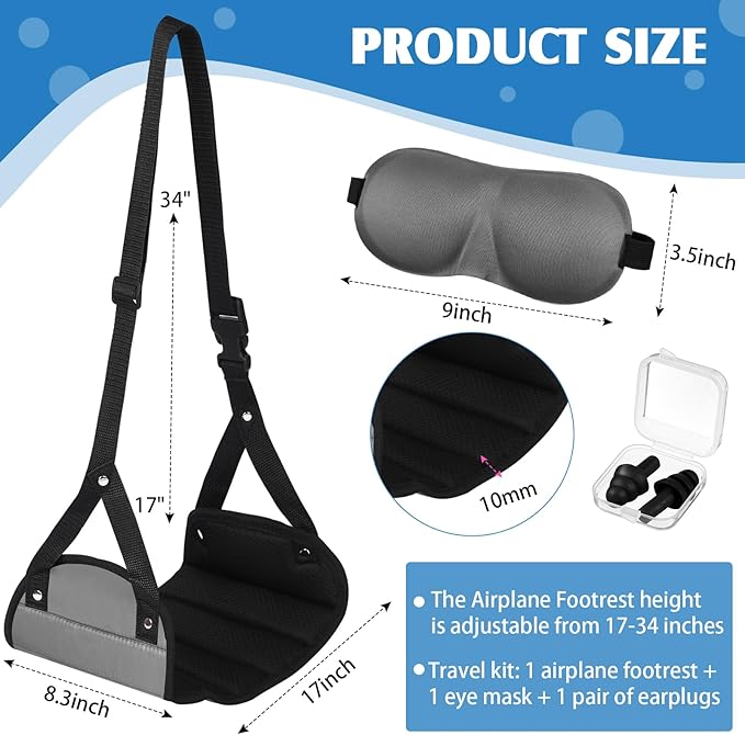 Yerliker Airplane Foot Hammock(Memory Foam) with Earplugs and Eye Mask Travel Necessities Adjustable Airplane Desk Foot Rest for Long Trip Pain and Swelling Relief(Gray)