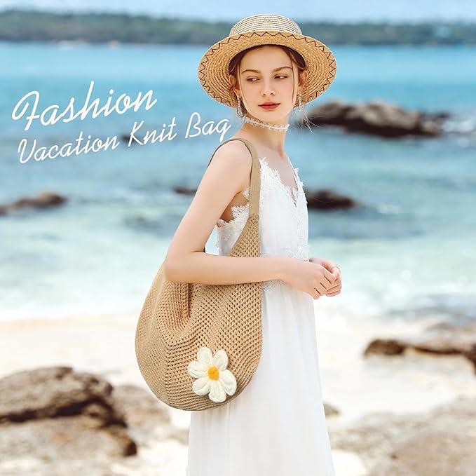 Premillow Crochet Beach Bags for Women, Summer Beach Tote Bag, Mesh Cute Beach Purse, Aesthetic Knit Bag Handbag Shoulder Bag
