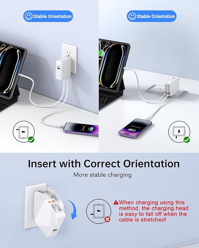 Retractable USB Charger Wall Plug with Type C Cables Cords,40W Fast Charging Foldable Block Multi Charger,4-in-1 Travel Essentials Brick Multiport for iPhone 17/16/15/14/13/12,iPad,Galaxy,LG,Pixel