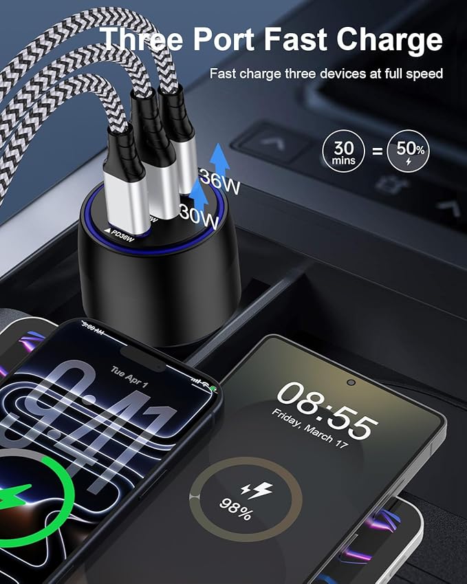 USB C Car Charger, 3-Port Super Fast Charging Cigarette Lighter Adapter for iPhone 17e Pro/Air/16/15/14/13/iPad, USBA & USBC Multiport Car Phone Charger Accessories for Samsung S26/S25/S24 FE/S23/S22