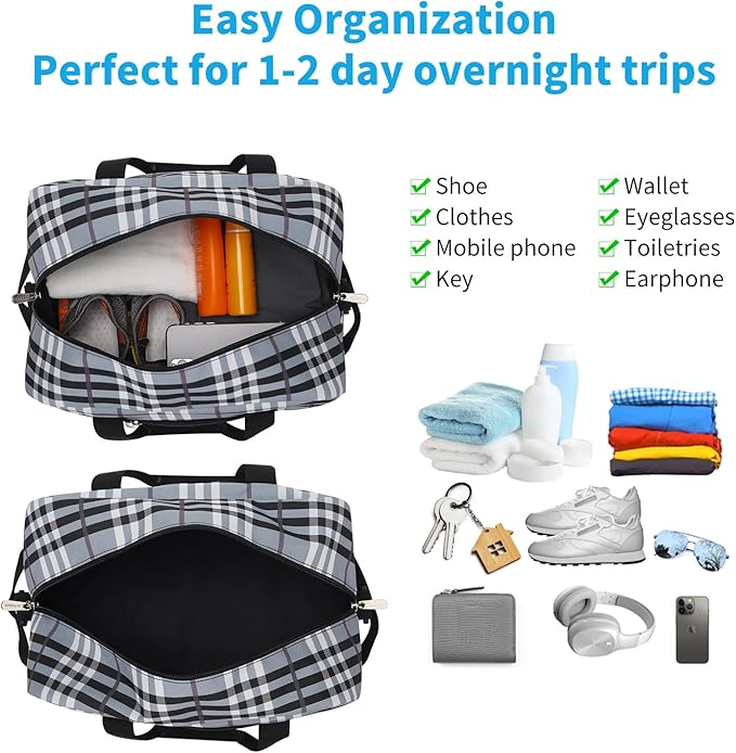 Apenze Small Gym Bag 14 inch lightweight Carry On Mini Duffel Bag for Travel Sport - Gray white plaid