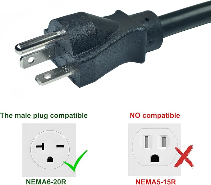 1Ft 20A AC Power Plug to T-Blade Adapter Cable, NEMA6-20P to 5-20R/ 6-15R/5-15R, 4 in 1 AC Adapter,12AWG Heavy Duty Extension Cable for Air Conditioner Etc.
