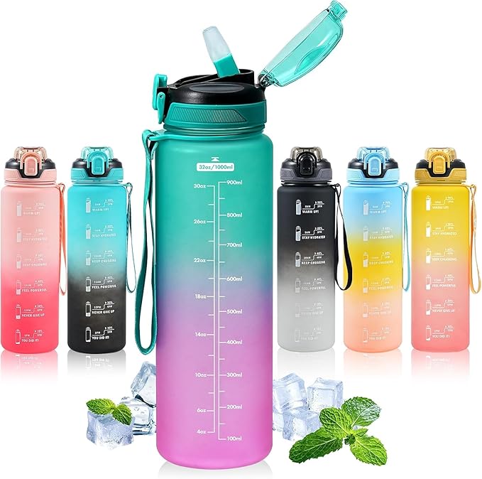 Water Bottle with Straw 1L,Boys Water Bottles with Straw 1 Litre,Waterbottle Leak-Proof Sports Water Bottle,Plastic Drinks Bottles Toxin Free，Bpa-Free (Green Purple)