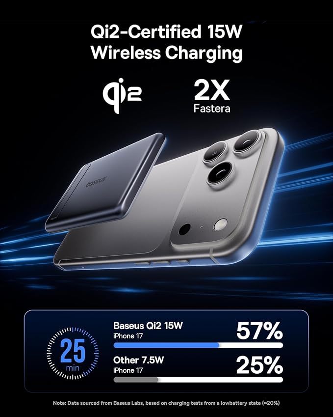 Baseus Picogo Power Bank, Smallest Qi2 Certified 15W MagSafe Portable Charger, 0.5" Ultra Slim 5000mAh Magnetic Battery Pack with Stand, Alloy Wireless Charger for iPhone 17 Pro Max/17 Air/17e Series