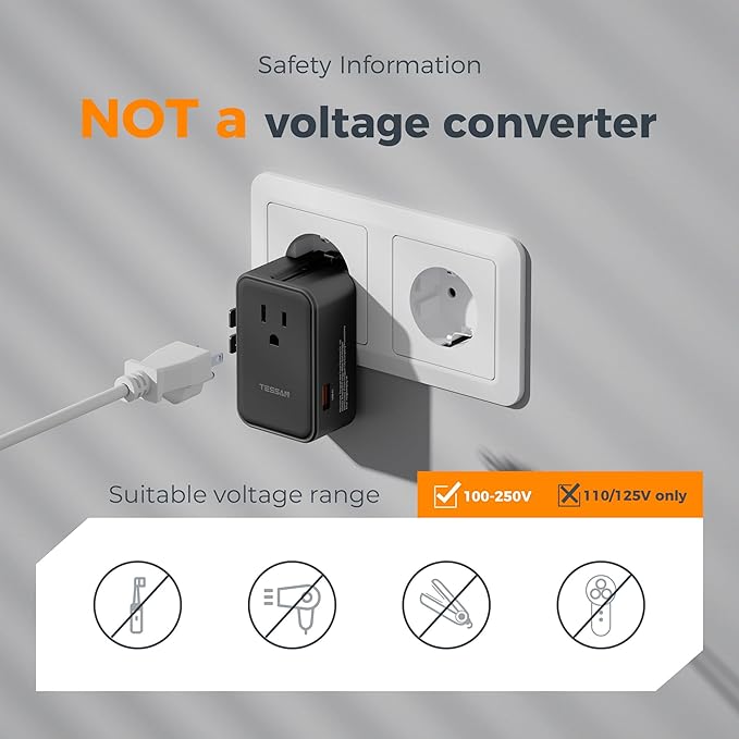 TESSAN 20W International Power Adapter, Ultra Slim Universal Travel Adapter with 2 USB-C 1 USB-A, Travel Adaptor Worldwide Plug for US to European UK Spain England New Zealand (Type C G A I), Black