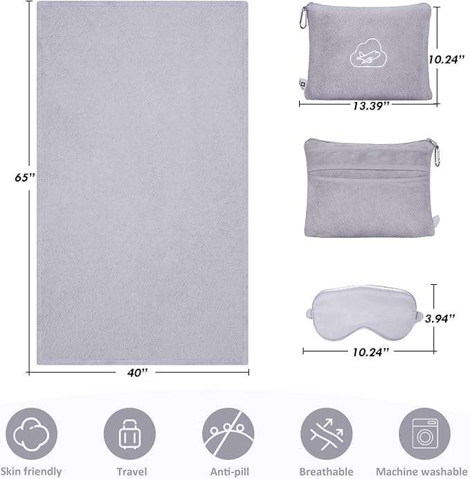 Travel Blanket, Airplane Blanket, Ultra-Soft, Warm & Lightweight, 65x40 in, Outdoor Blanket Essentials for Women, Men & Kids, Included Eye Mask, Luggage Sleeve & Backpack Clip Grey