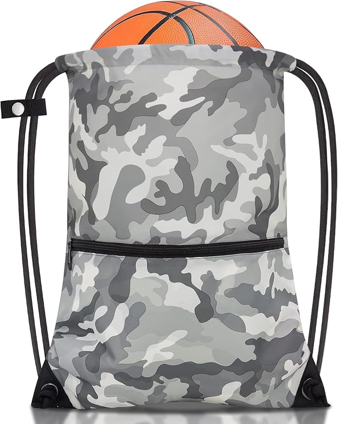 draw string back bag, Large Gym Sports string backpack for men and women with front zipper pocket and inside zipper pocket to keep key or phone (Grey camo)