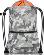 draw string back bag, Large Gym Sports string backpack for men and women with front zipper pocket and inside zipper pocket to keep key or phone (Grey camo)