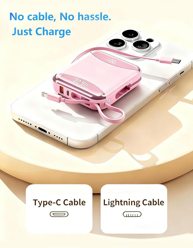 10000mAh Portable Charger with Built-in USB-C & Light-ning Cables, 22.5W Fast Charging Power Bank, Travel Battery Pack with LED Display for iPhone Samsung Android – Flight Approved